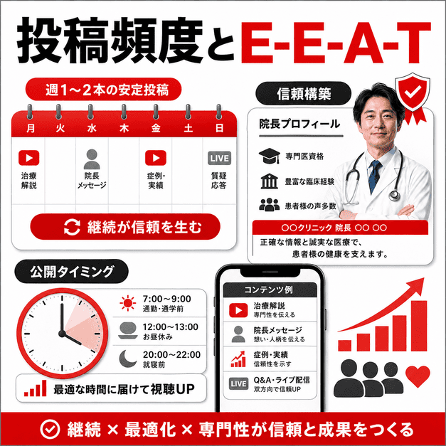 投稿頻度、公開タイミング、院長プロフィールによるE-E-A-Tブランディングを設計する様子を示したイラスト