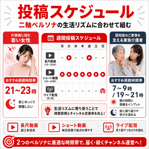片頭痛層と認知症家族層それぞれの生活リズムに合わせてYouTube投稿時間を設計するスケジュールのイラスト