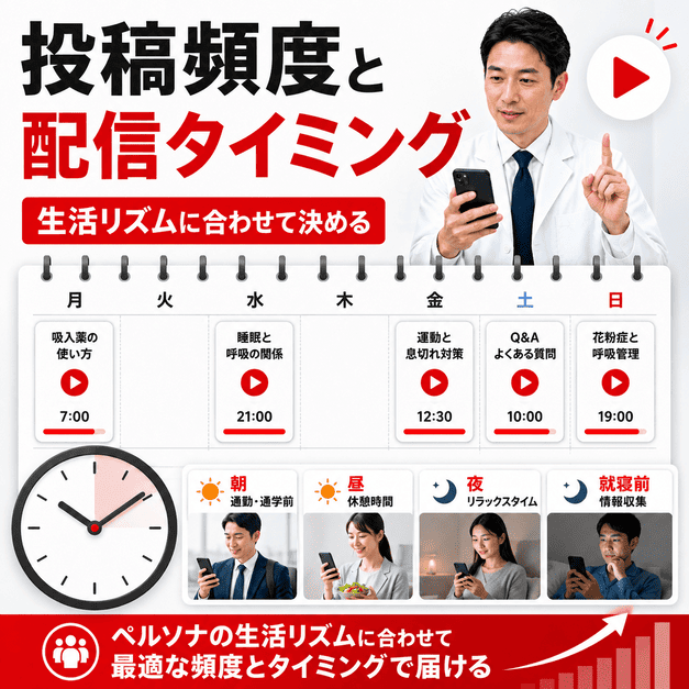 カレンダーと時計を使い、ペルソナの生活リズムに合わせた投稿頻度と配信タイミングを示したイラスト