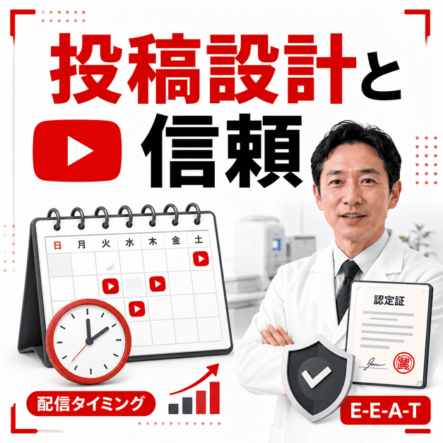 投稿カレンダー、配信タイミング、専門医資格、E-E-A-Tを通じて視聴者の信頼を高める様子を表したイラスト