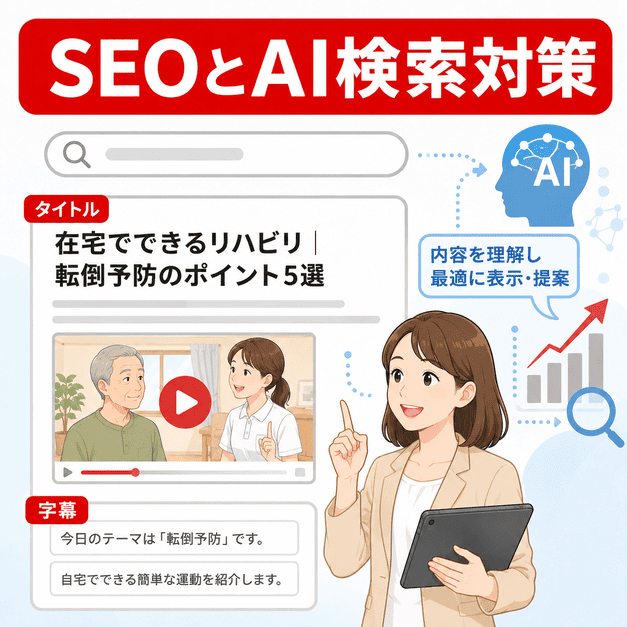 YouTube動画のタイトル、字幕、サムネイル、AI検索対策を整理しているイラスト