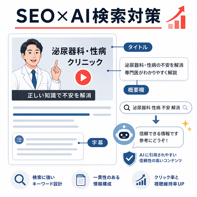 動画タイトル、サムネイル、概要欄、字幕を連動させ、SEOとAI検索引用を強化する仕組みを示したイラスト