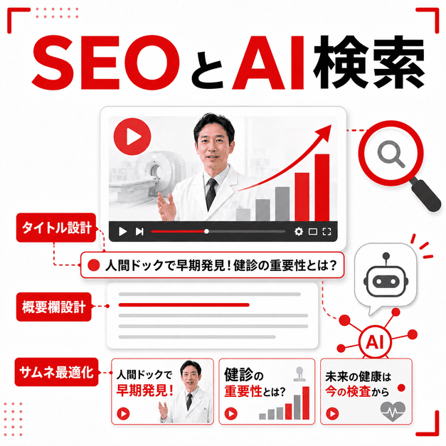 動画タイトル、概要欄、サムネイル、AI検索対策を組み合わせてYouTube検索流入を高める設計を表したイラスト
