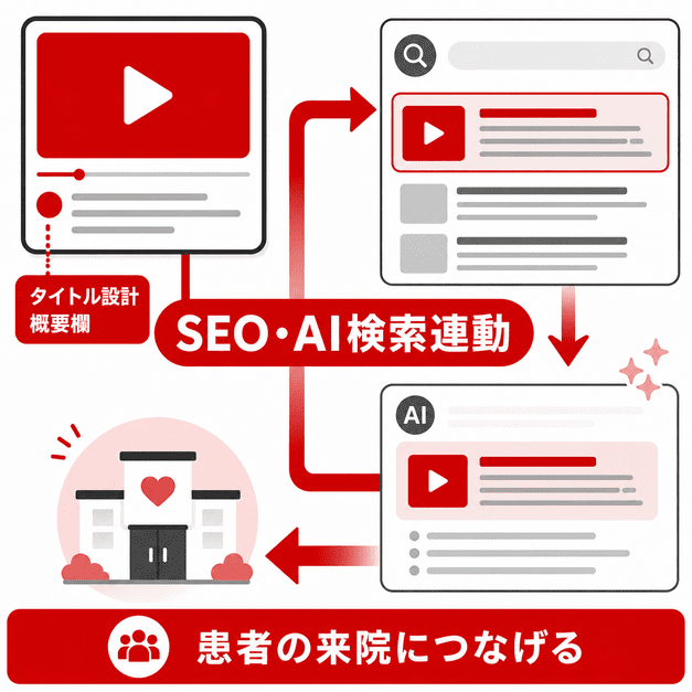 YouTube動画がSEOやAI検索と連動し、検索結果からクリニック来院につながる流れを示したイラスト