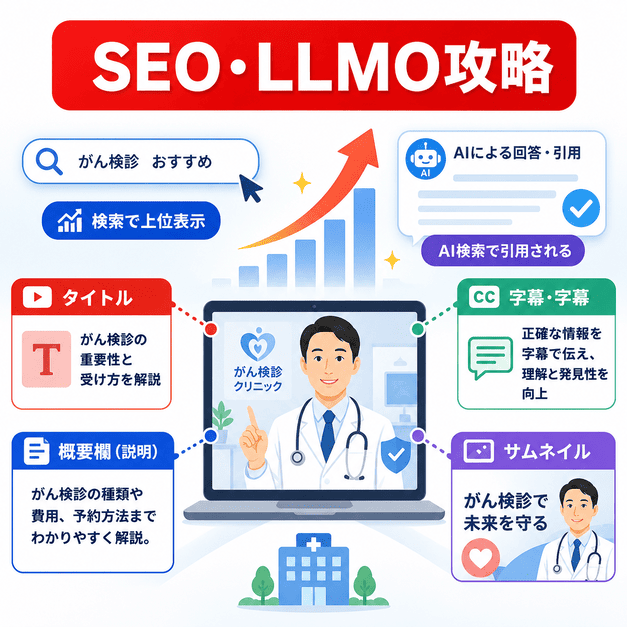 タイトル、概要欄、字幕、サムネイルを最適化してSEOとLLMOを強化する流れを示したイラスト