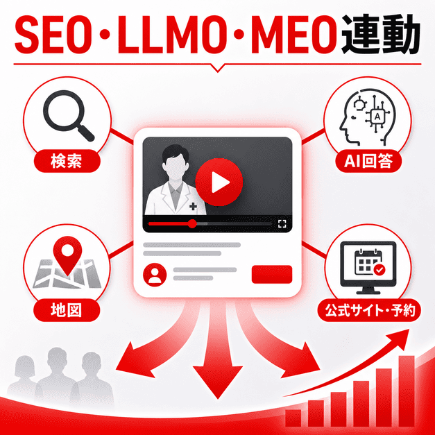 YouTube動画が検索、AI回答、地図検索、公式サイト予約へ連動して集患導線を広げる様子