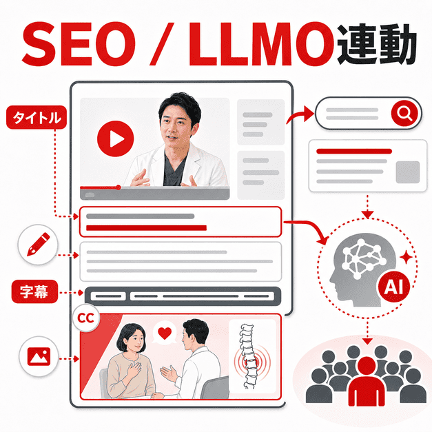 タイトル・概要欄・字幕・サムネイルを連動させてSEOとLLMOを強化する様子を示すイラスト