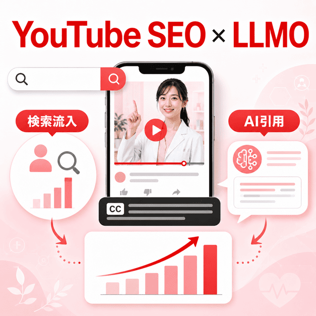 YouTube SEOとLLMOにより検索流入やAI引用から患者獲得につなげる仕組みを表した図