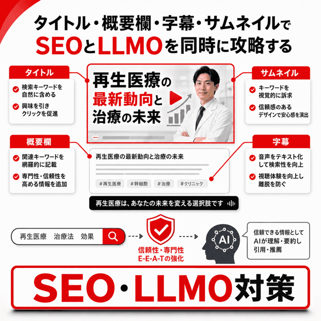 動画タイトル、概要欄、字幕、サムネイルを整えてSEOとLLMOを同時に強化するイメージ