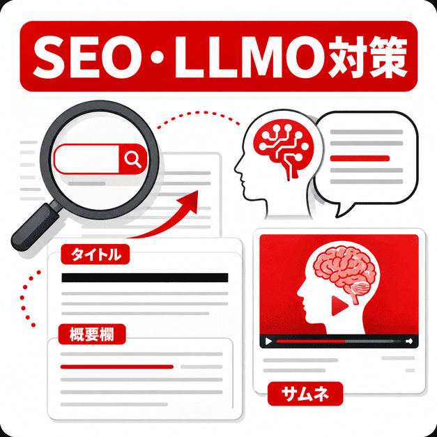 YouTubeのタイトル、概要欄、サムネイルを整えてSEOとLLMO対策を行う様子を示したイラスト