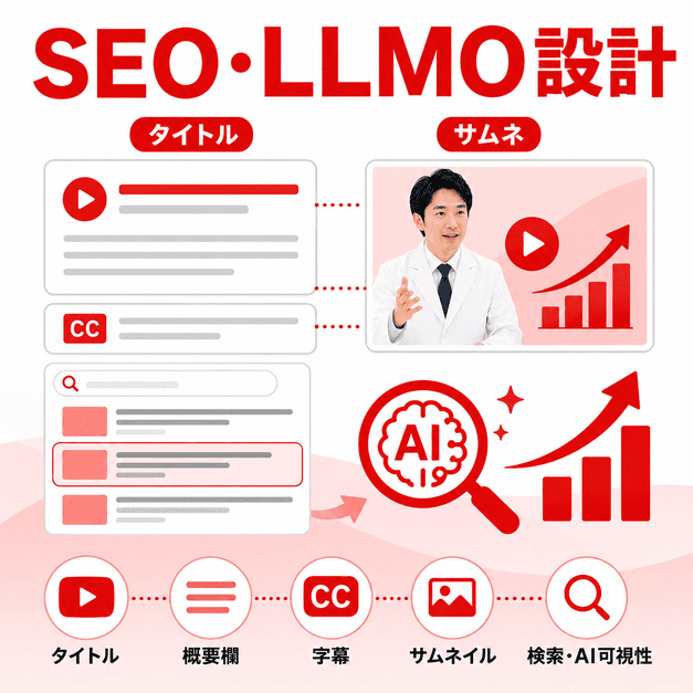 YouTube動画のタイトル、概要欄、字幕、サムネイルをSEOとLLMO向けに最適化するイラスト
