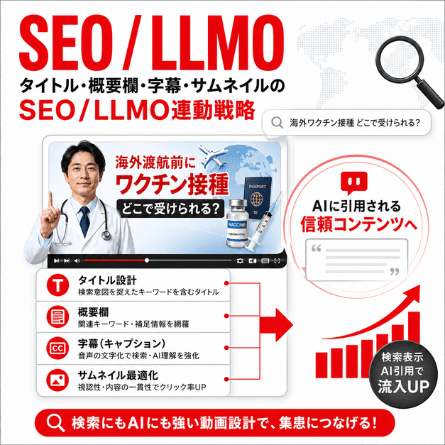 YouTube動画のタイトル、概要欄、字幕、サムネイルをSEOとLLMOに連動させる戦略を示したイラスト