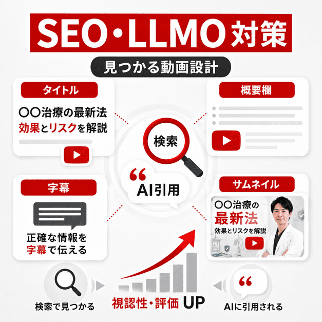 YouTube動画のタイトル・概要欄・字幕・サムネイルでSEOとLLMO対策を行う構成図