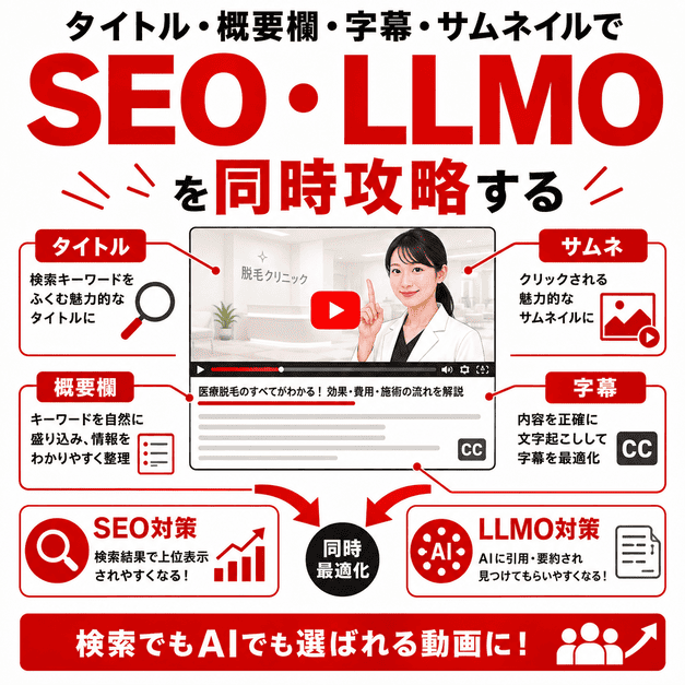 YouTube動画のタイトル、概要欄、字幕、サムネイルを整えてSEOとLLMOを同時に強化するイラスト