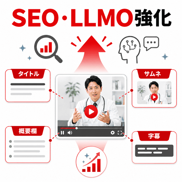 タイトル、サムネイル、概要欄、字幕を整備してSEOとLLMO評価を高める流れを示したイラスト