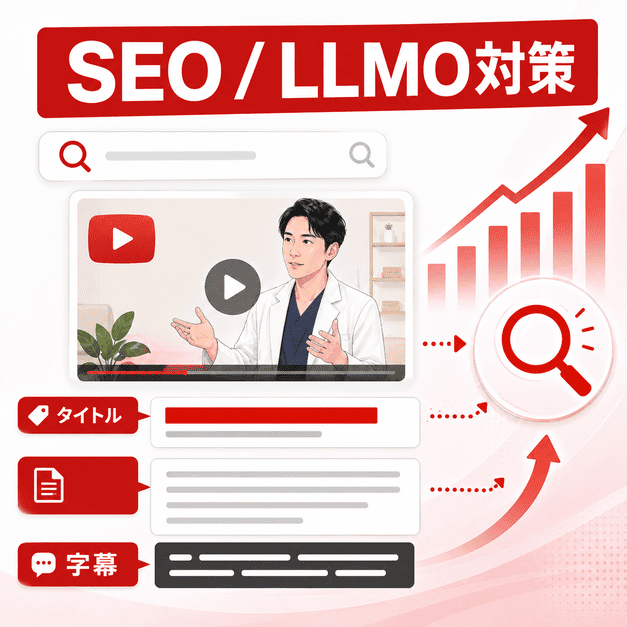 タイトル、概要欄、字幕、サムネイルを整えてYouTubeのSEOとLLMO対策を進めるイラスト