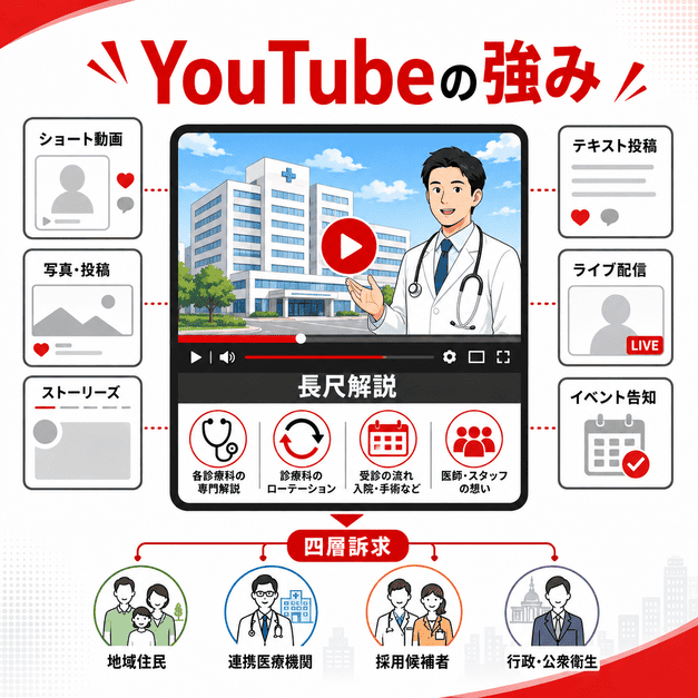 総合病院のYouTube運用が他SNSと異なり、長尺解説や診療科ローテーションで深い医療情報を届ける様子