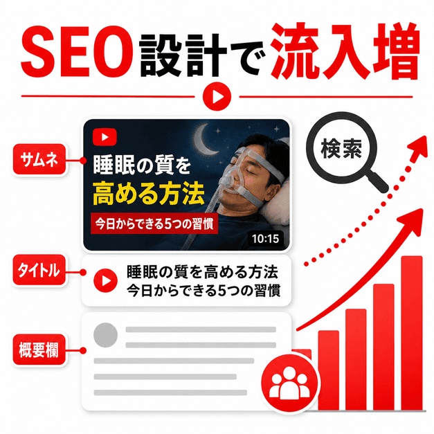 サムネイル、タイトル、概要欄をSEO設計して睡眠外来動画の検索流入を増やす様子
