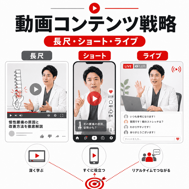 長尺動画・ショート動画・ライブ配信を使い分けるペインクリニックの動画戦略を示すイラスト