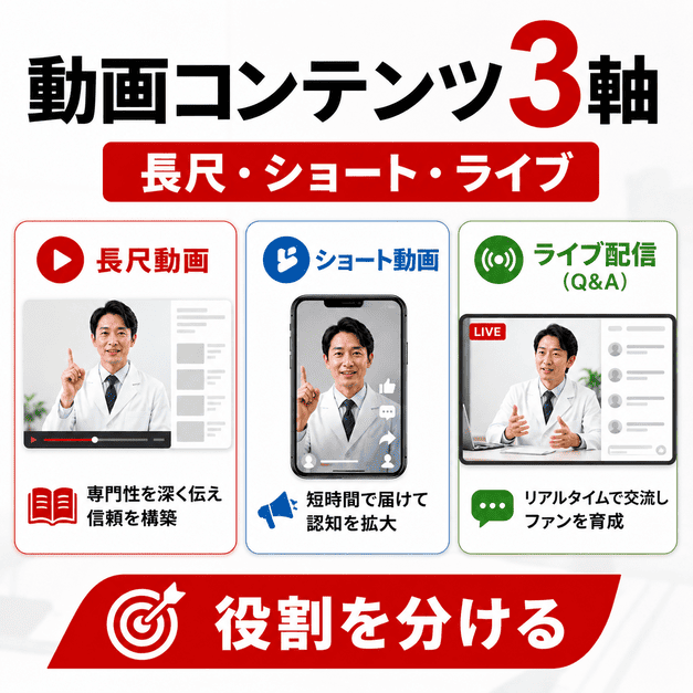長尺動画、ショート動画、ライブ配信の3軸でメンズヘルス向け動画コンテンツを設計するイラスト