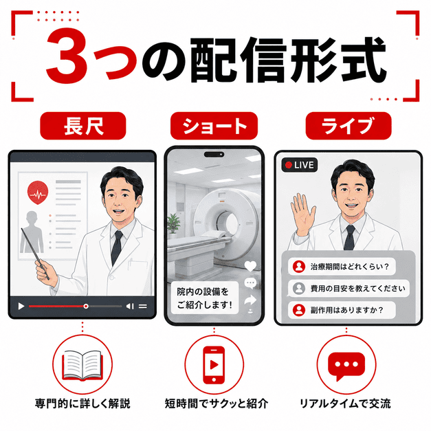 長尺動画、ショート動画、ライブ配信の3つの配信形式を使い分ける健診クリニックのYouTube運用を表したイラスト