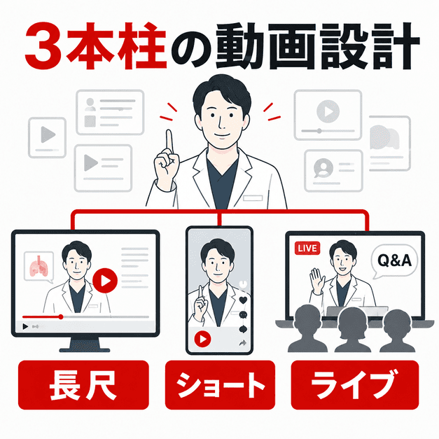 長尺動画・ショート動画・ライブ配信の3本柱で肛門外科クリニックの動画コンテンツを組み立てる図解
