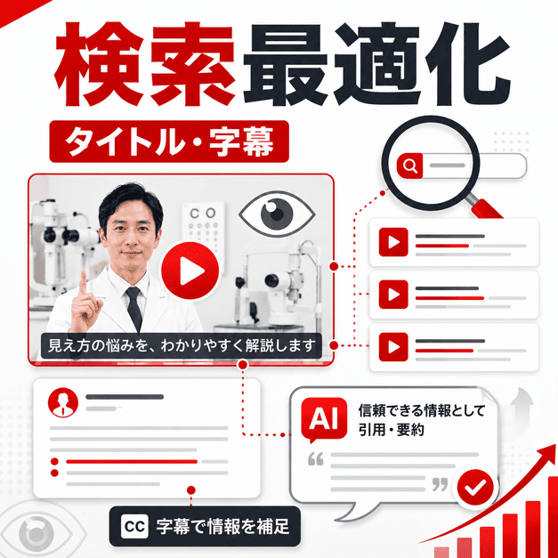 タイトル、サムネイル、概要欄、字幕を最適化してYouTube検索とAI引用を狙う眼科動画SEOのイラスト