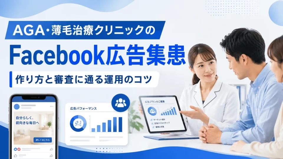 AGA・薄毛治療クリニックのFacebook広告集患と運用のコツを示すアイキャッチ画像