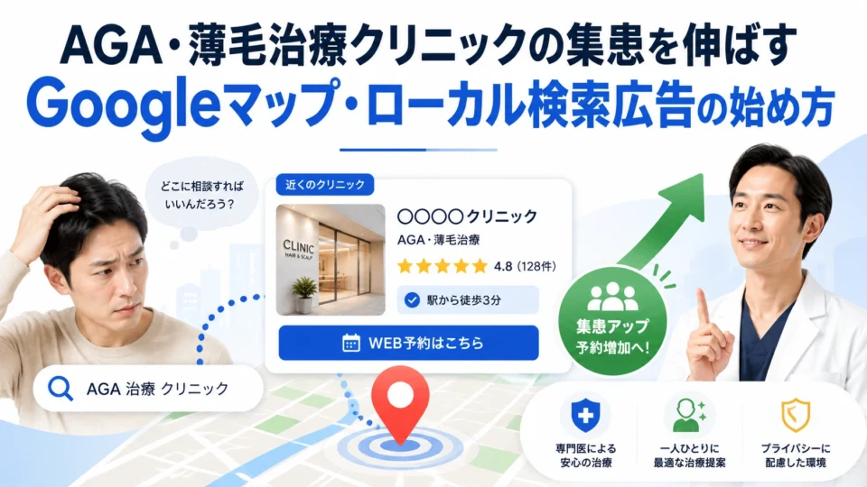 AGA・薄毛治療クリニックのGoogleマップ広告とローカル検索広告による集患全体像を示すアイキャッチ画像