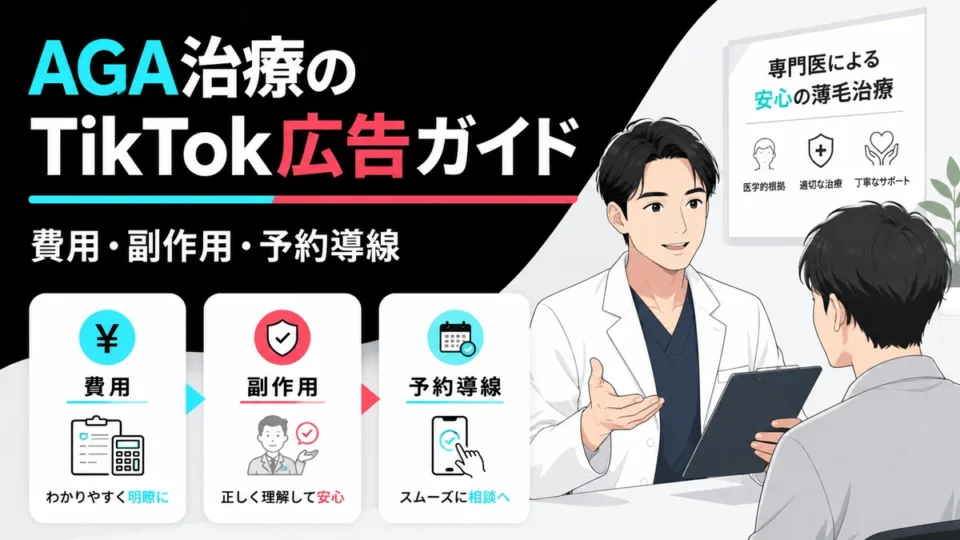 AGA・薄毛治療クリニックのTikTok広告で費用や副作用、予約導線を分かりやすく示すアイキャッチ画像