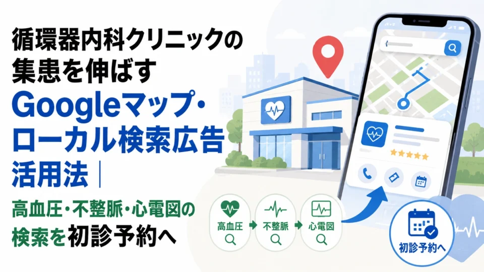 循環器内科クリニックのGoogleマップ広告とローカル検索から初診予約へつなげる流れを示すアイキャッチ画像