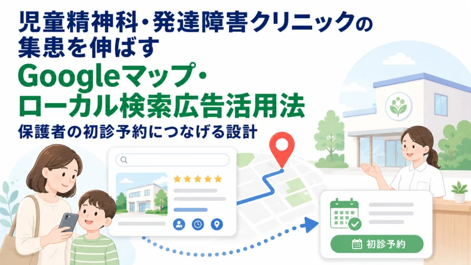 児童精神科・発達障害クリニックのGoogleマップとローカル検索広告活用を示すアイキャッチ画像
