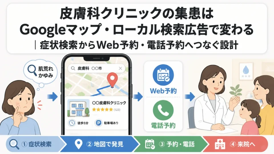 皮膚科クリニックのGoogleマップ・ローカル検索広告からWeb予約や電話予約へつなぐ流れを示すアイキャッチ画像