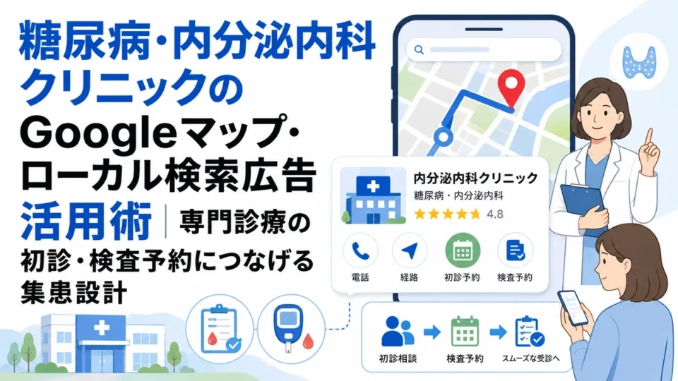 糖尿病・内分泌内科クリニックのGoogleマップ・ローカル検索広告活用を示すアイキャッチ画像