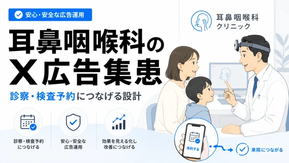 耳鼻咽喉科クリニックのX広告集患と診察・検査予約への導線設計を示すアイキャッチ画像