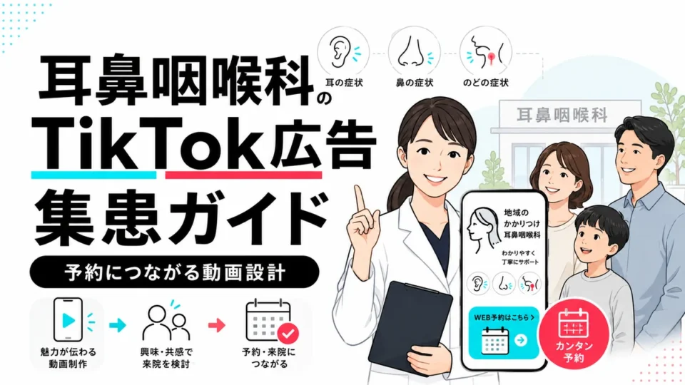 耳鼻咽喉科クリニックのTikTok広告集患ガイドと予約につながる動画設計を示すアイキャッチ画像