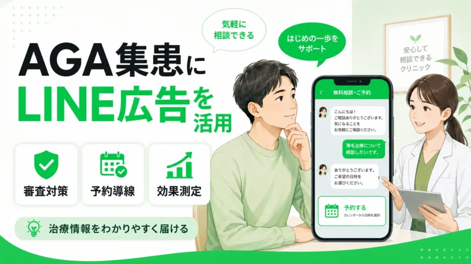 AGA・薄毛治療クリニックのLINE広告活用と審査対策、予約導線、効果測定を示すアイキャッチ画像