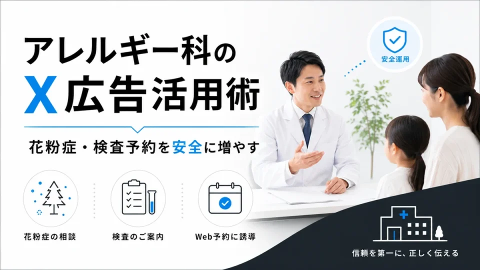 アレルギー科クリニックのX広告活用術と花粉症・検査予約の安全な集患導線を示すアイキャッチ画像