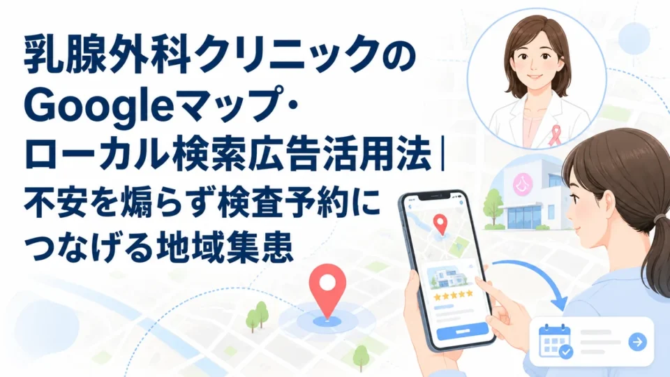 乳腺外科クリニックのGoogleマップ・ローカル検索広告活用法と検査予約への導線を示すアイキャッチ画像