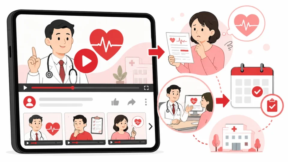 循環器内科クリニックのYouTube広告から健診後相談と検査予約につなげる流れを示すアイキャッチ画像