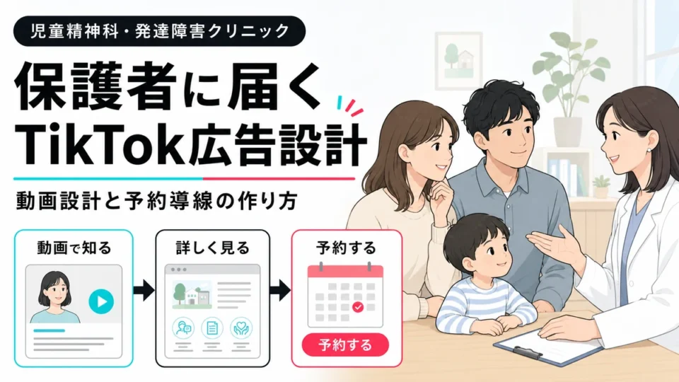 児童精神科・発達障害クリニックのTikTok広告で保護者に届く動画設計と予約導線を示すアイキャッチ画像