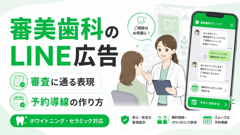 審美歯科とホワイトニングのLINE広告で審査に通る表現と予約導線を示すアイキャッチ画像