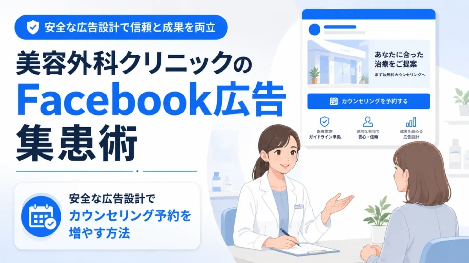 美容外科クリニックのFacebook広告集患術を安全な広告設計とカウンセリング予約導線で示すアイキャッチ画像