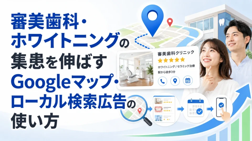 審美歯科・ホワイトニングの集患をGoogleマップとローカル検索広告で伸ばす方法を示すアイキャッチ画像