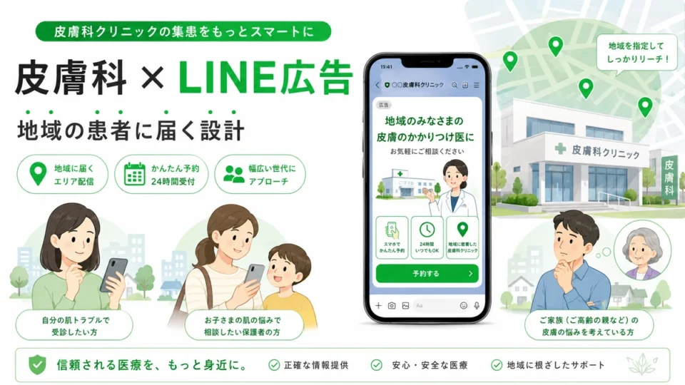 皮膚科クリニックがLINE広告で地域の患者や保護者に診療案内を届ける様子を示すアイキャッチ画像