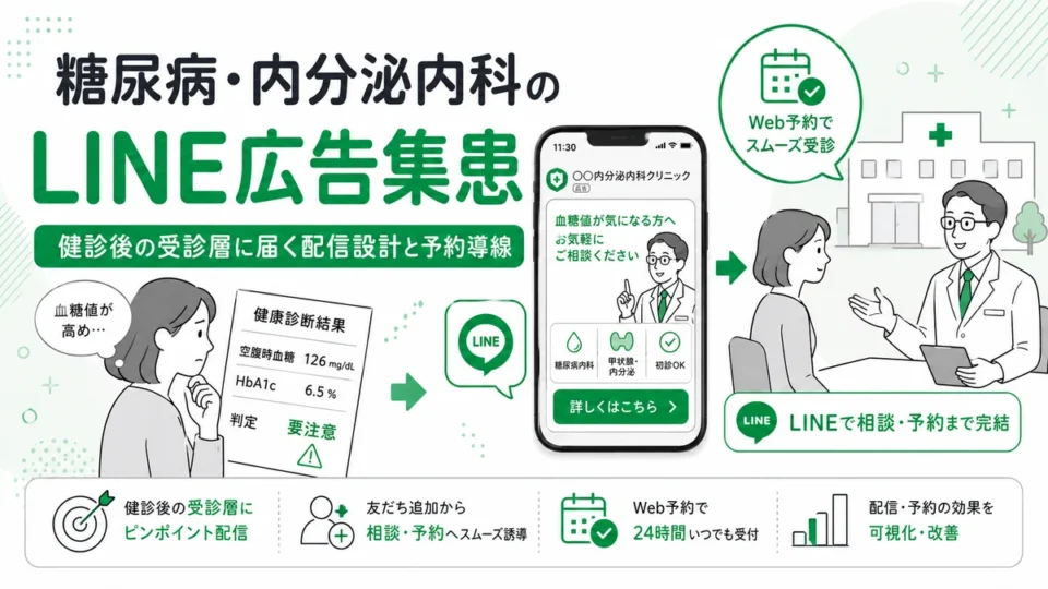 糖尿病・内分泌内科クリニックのLINE広告集患と健診後の予約導線を示すアイキャッチ画像