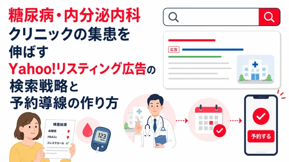 糖尿病・内分泌内科クリニックのYahoo!リスティング広告戦略と予約導線を示すアイキャッチ画像
