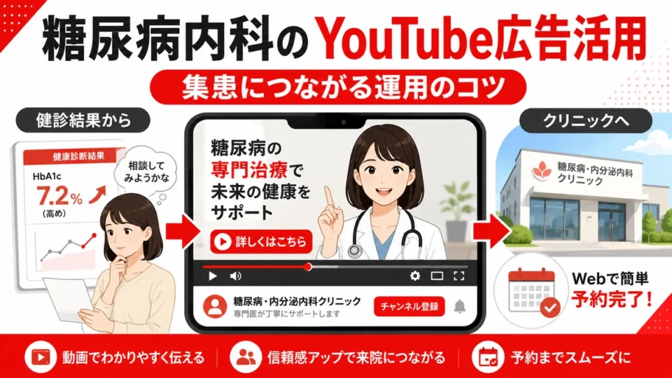 糖尿病・内分泌内科クリニックのYouTube広告活用と予約導線を示すアイキャッチ画像