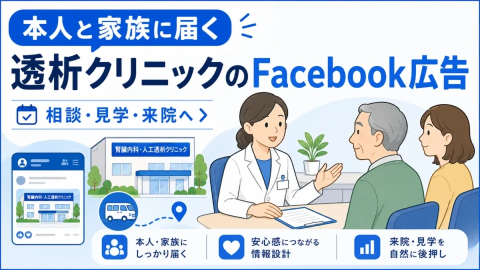 腎臓内科・人工透析クリニックのFacebook広告で本人と家族に相談や見学を案内するアイキャッチ画像