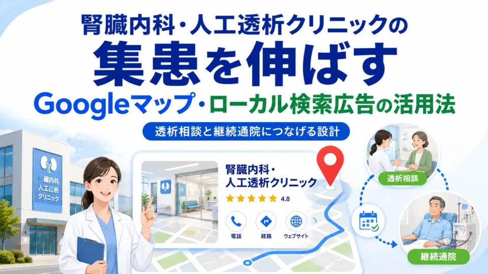腎臓内科・人工透析クリニックの集患をGoogleマップとローカル検索広告で伸ばす方法を示すアイキャッチ画像
